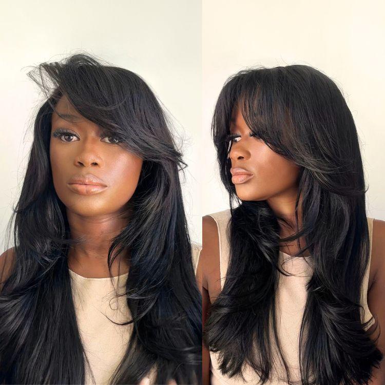 Limited Design | Blow Out Layered Cut C Part Glueless 5x5 Closure HD Lace Wig with Bangs| Large & Small Cap Size