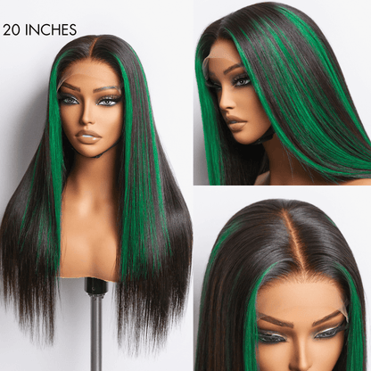 Limited Design | Green Highlight Silky Straight Glueless 5x5 Closure Lace Wig | Large & Small Cap Size