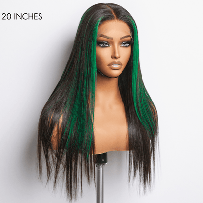 Limited Design | Green Highlight Silky Straight Glueless 5x5 Closure Lace Wig | Large & Small Cap Size