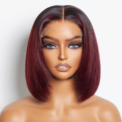 Limited Design | Ombre Dark Red Silky Layered Cut Glueless 5x5 Closure HD Lace Short Bob Wig