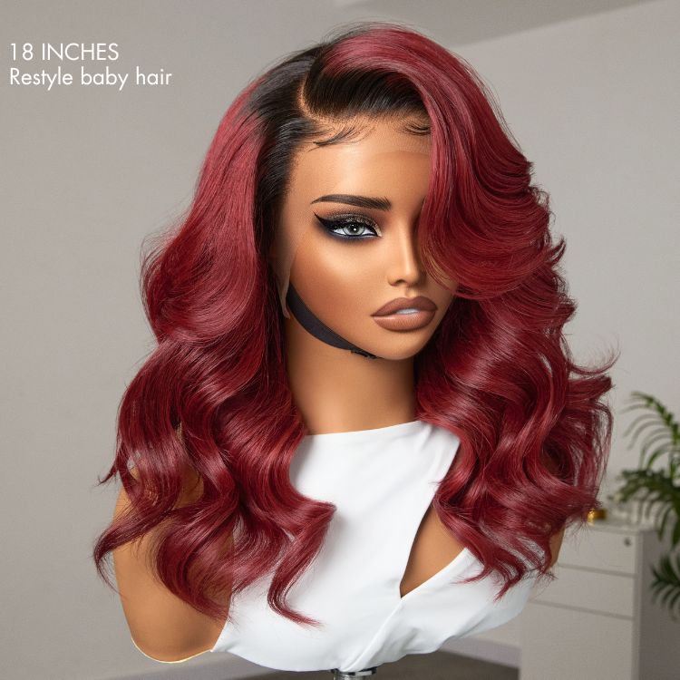 Limited Design - Gorgeous Loose Body Wave Red Hair Wig with Dark Roots Ear-to-Ear 13x4 Frontal Lace Wig