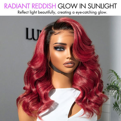 Limited Design - Gorgeous Loose Body Wave Red Hair Wig with Dark Roots Ear-to-Ear 13x4 Frontal Lace Wig