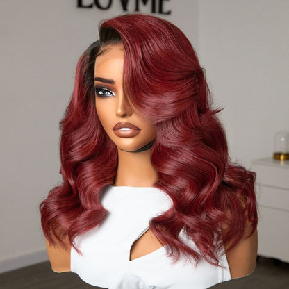 Limited Design - Gorgeous Loose Body Wave Red Hair Wig with Dark Roots Ear-to-Ear 13x4 Frontal Lace Wig