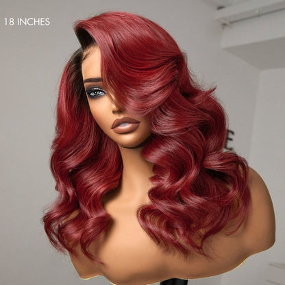 Limited Design - Gorgeous Loose Body Wave Red Hair Wig with Dark Roots Ear-to-Ear 13x4 Frontal Lace Wig