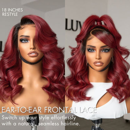 Limited Design - Gorgeous Loose Body Wave Red Hair Wig with Dark Roots Ear-to-Ear 13x4 Frontal Lace Wig