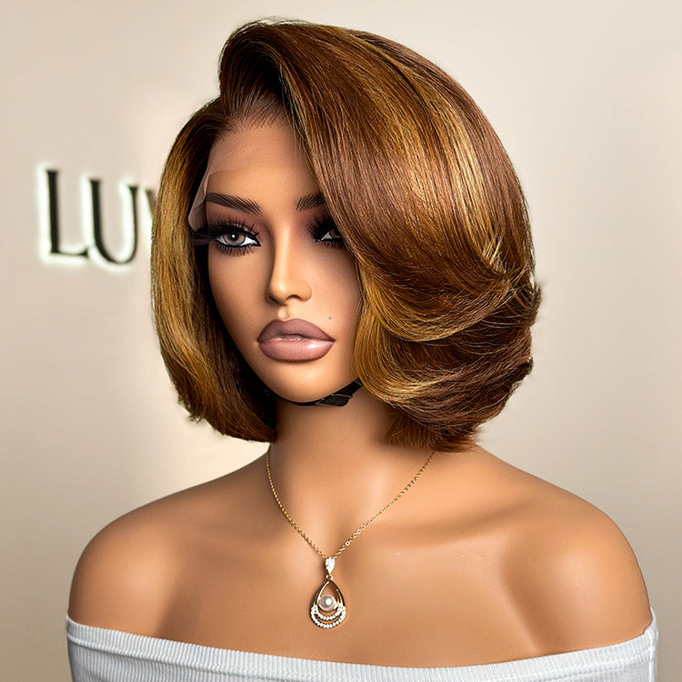 Limited Design | Toffee Brown Mix Blonde / Natural Black Layered Cut Glueless 5x5 Closure Lace Bob Wig