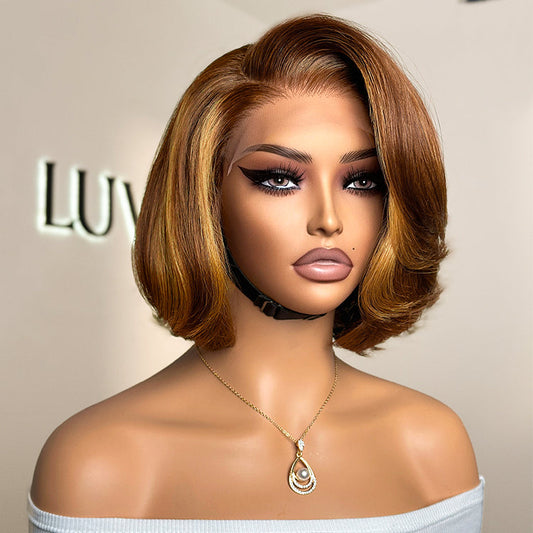 Limited Design | Toffee Brown Mix Blonde / Natural Black Layered Cut Glueless 5x5 Closure Lace Bob Wig