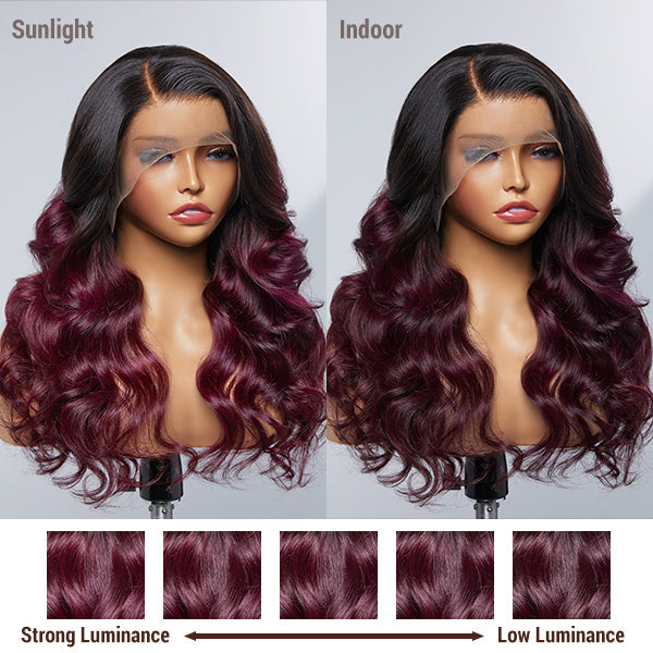 Limited Design | Alyssa Cabernet Ombre Glueless 13x4 Frontal Lace Right Side Part Long Wig | Large & Small Cap Size