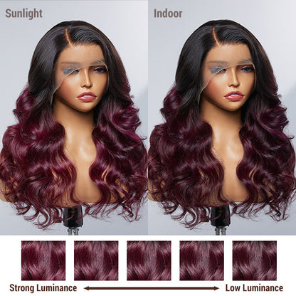 Limited Design | Alyssa Cabernet Ombre Glueless 13x4 Frontal Lace Right Side Part Long Wig | Large & Small Cap Size